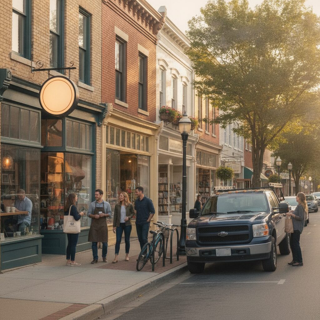 A bustling small-town Main Street of thriving local businesses — what commercial insurance protects | InsureToday24 — insuretoday24.com