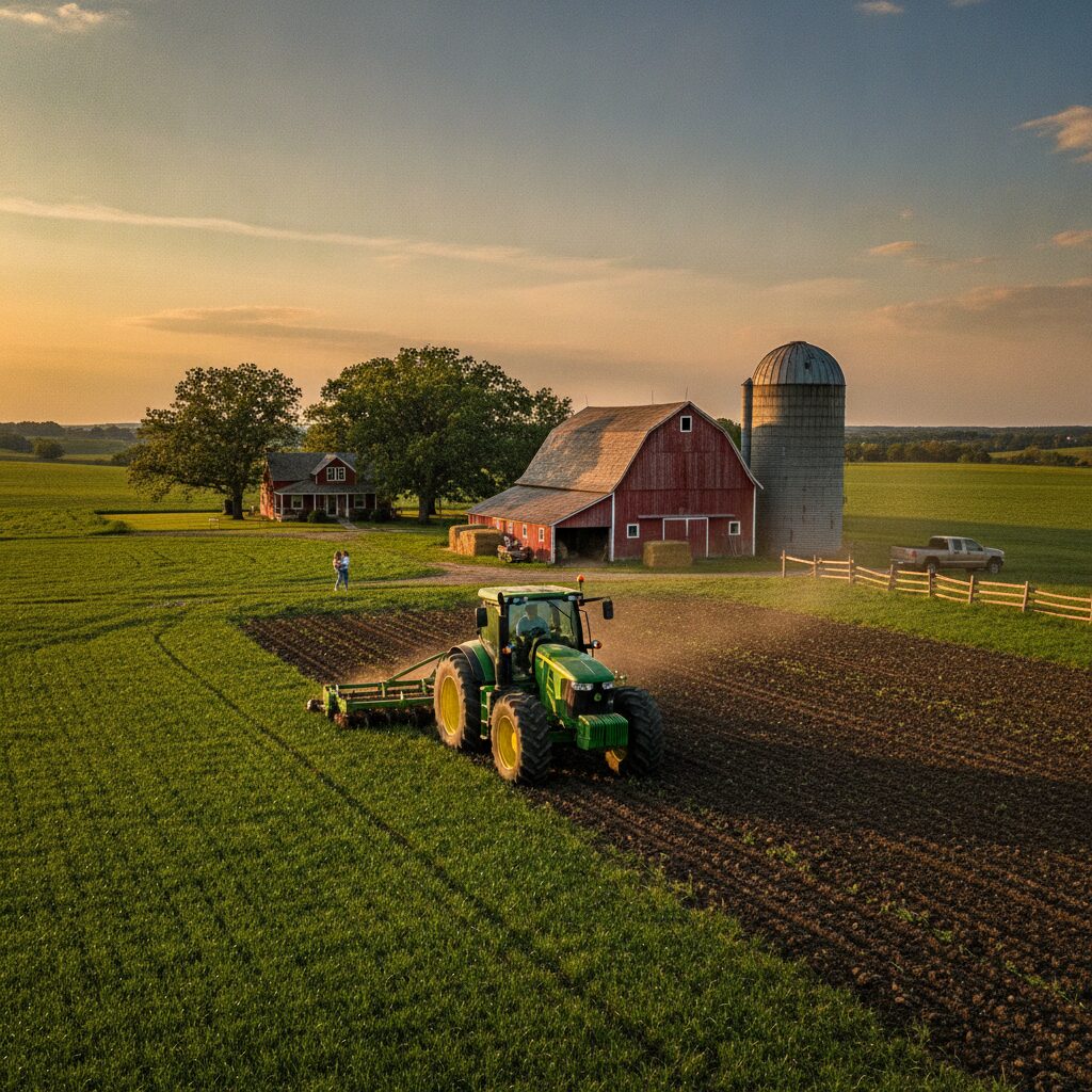 A working American family farm at golden hour — red barn, grain silo, and a tractor in a green field insurance | InsureToday24 — insuretoday24.com