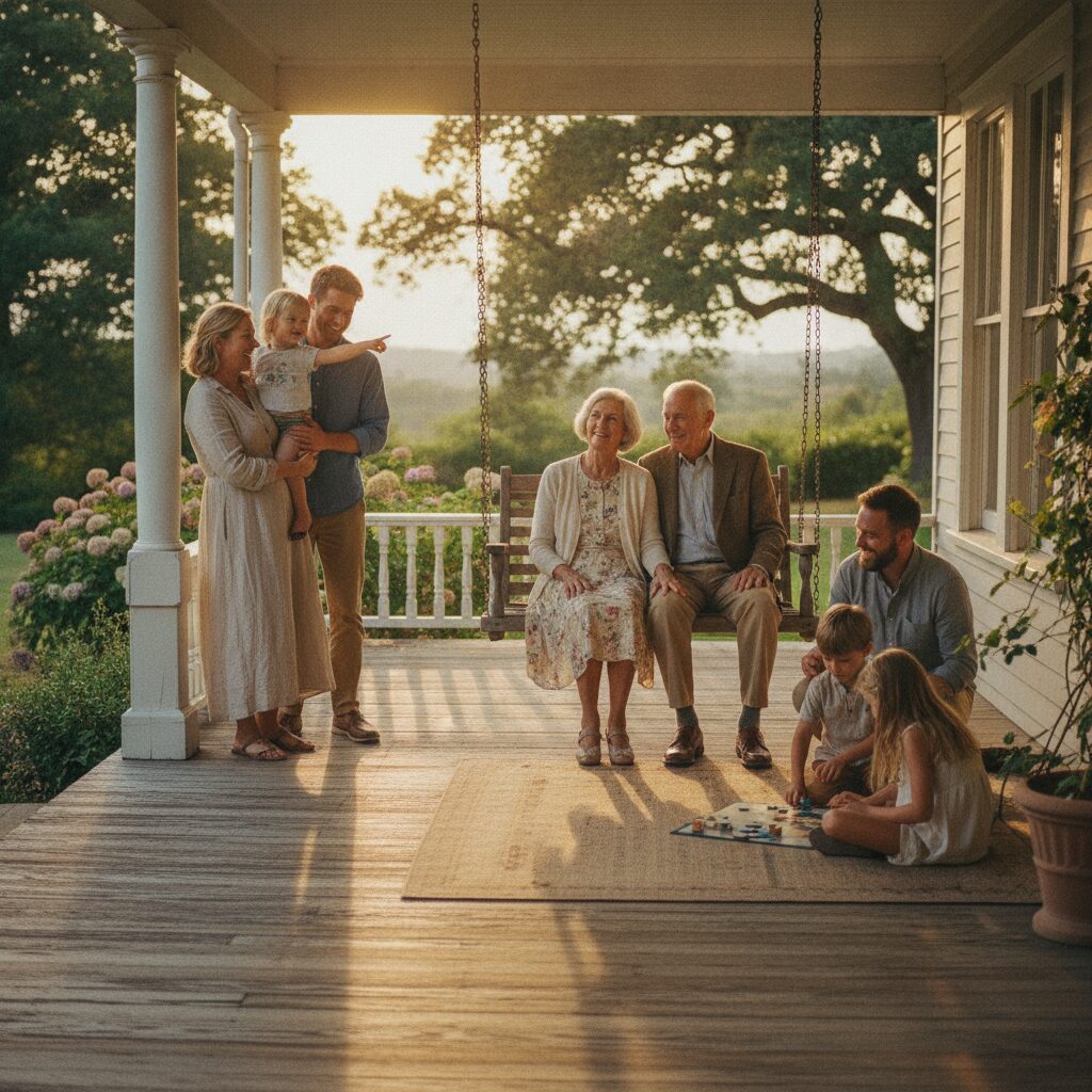 A dignified multi-generational family moment on a porch — the peace of mind final expense insurance provides | InsureToday24 — insuretoday24.com