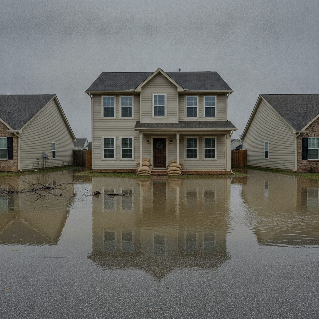 A suburban home with floodwater across the lawn and street after heavy rain, sandbags by the door insurance | InsureToday24 — insuretoday24.com