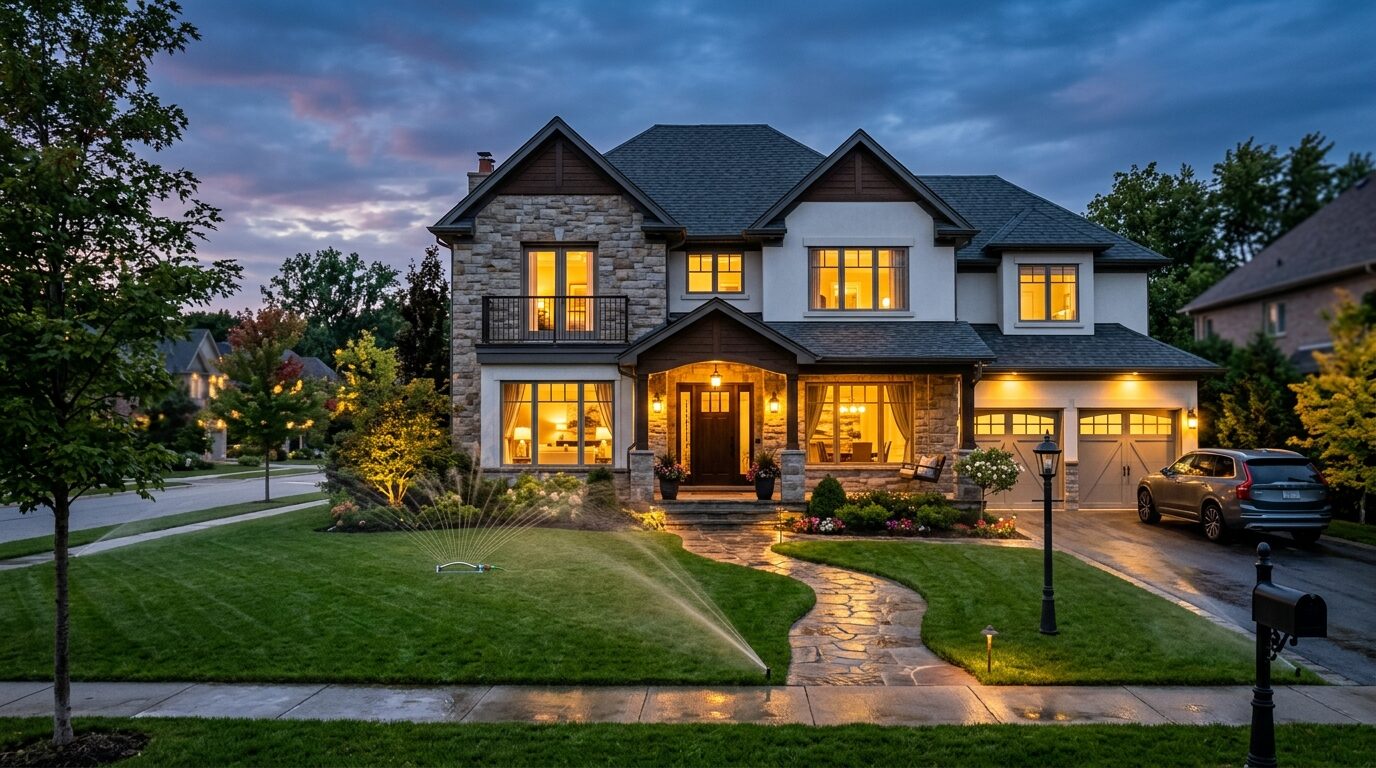 A well-kept suburban home at dusk — the kind of place homeowners insurance is built to protect | InsureToday24 — insuretoday24.com