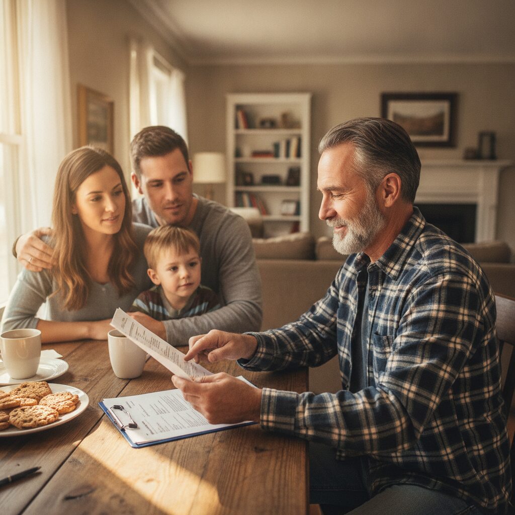 A transparent independent insurance agent openly walking a young family through the paperwork at a kitchen table | InsureToday24 — insuretoday24.com
