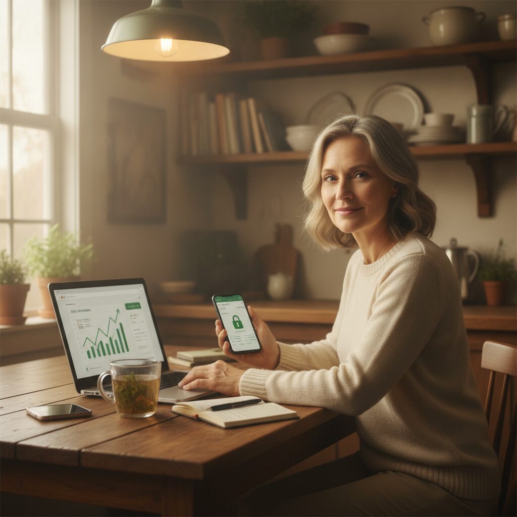 A calm person at a kitchen table securing their personal finances on a laptop and phone insurance | InsureToday24 — insuretoday24.com