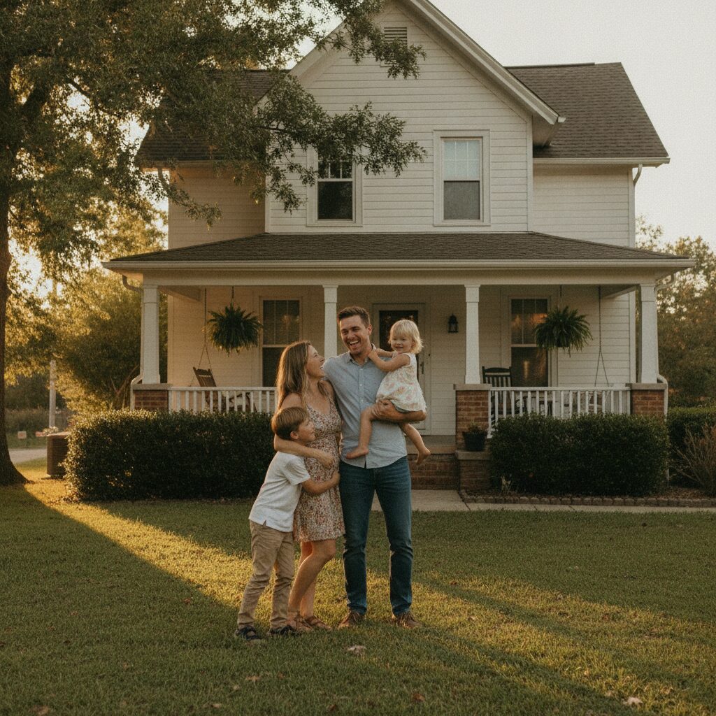 A young family on the porch of their home at golden hour — the people life insurance is built to protect | InsureToday24 — insuretoday24.com