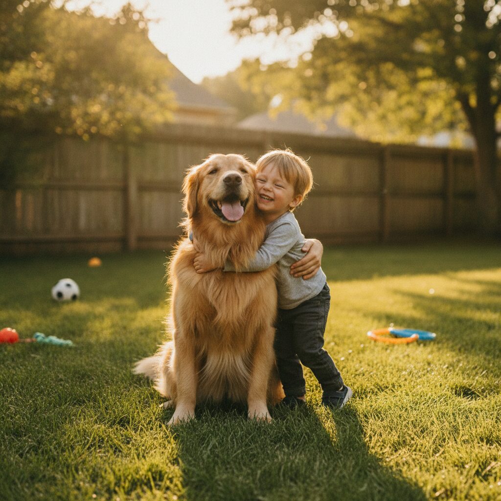 A goofy Golden Retriever in a sunny backyard with a child — the family pet that pet insurance protects | InsureToday24 — insuretoday24.com