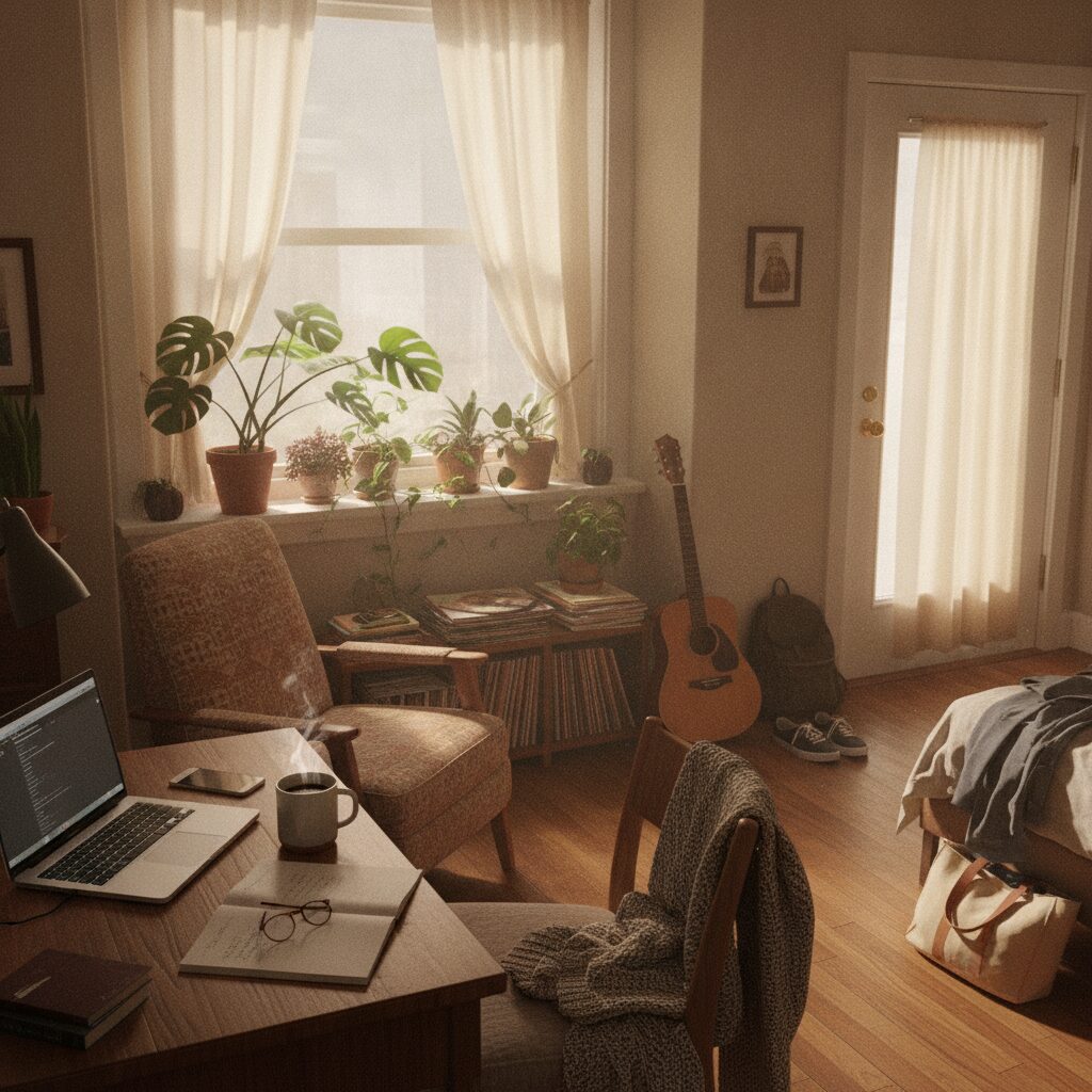 A cozy, lived-in apartment with plants, a laptop and a guitar — the belongings renters insurance protects | InsureToday24 — insuretoday24.com