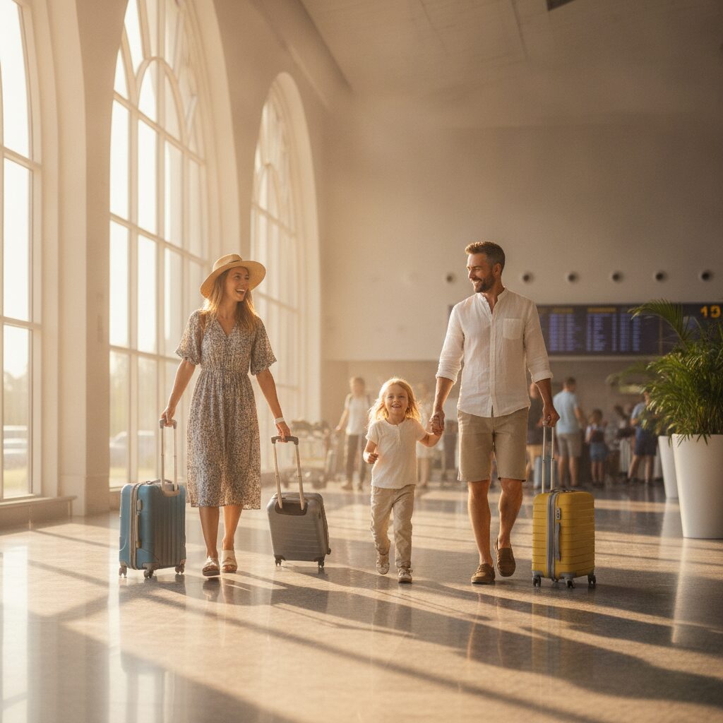 A happy family with suitcases walking through a sunlit airport terminal toward vacation insurance | InsureToday24 — insuretoday24.com