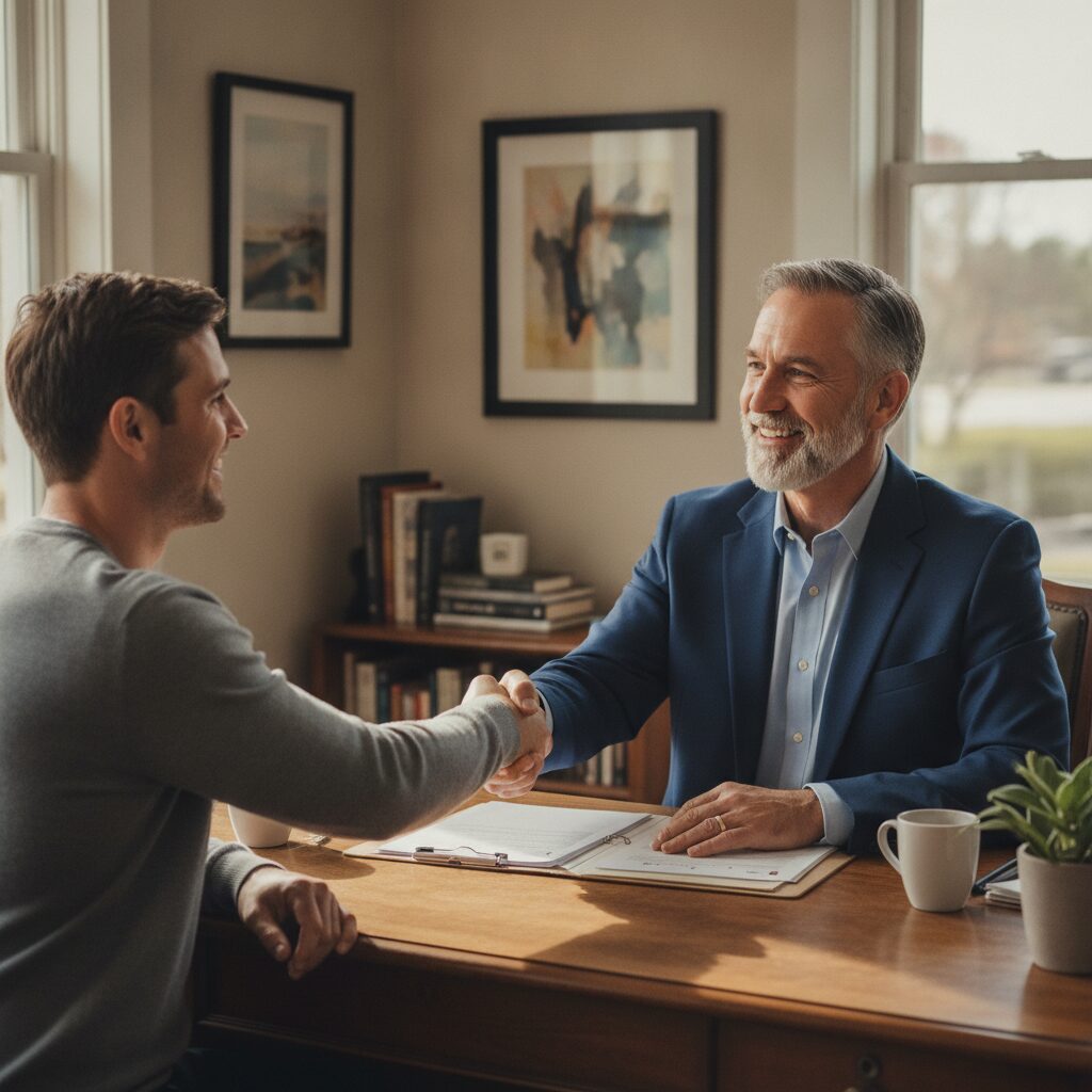 A friendly independent insurance agent shaking hands with a client across a desk in a bright local office | InsureToday24 — insuretoday24.com